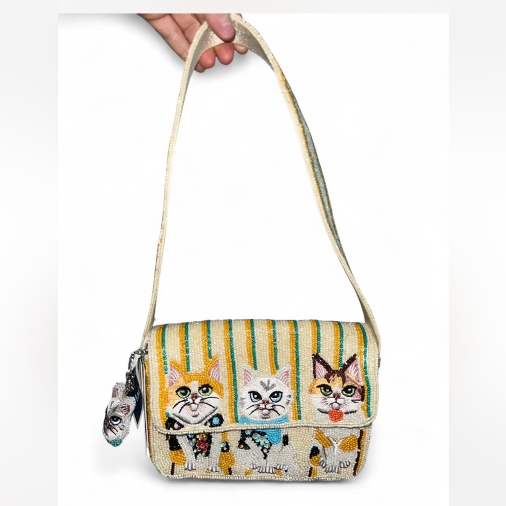Cat Yellow Striped Beaded Shoulder Bag Made in India with Cat Bag charm
